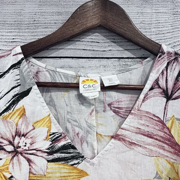 C&C California Dress Size Large Linen Tropical Floral Ruffle Sleeveless Shift - Picture 3 of 7